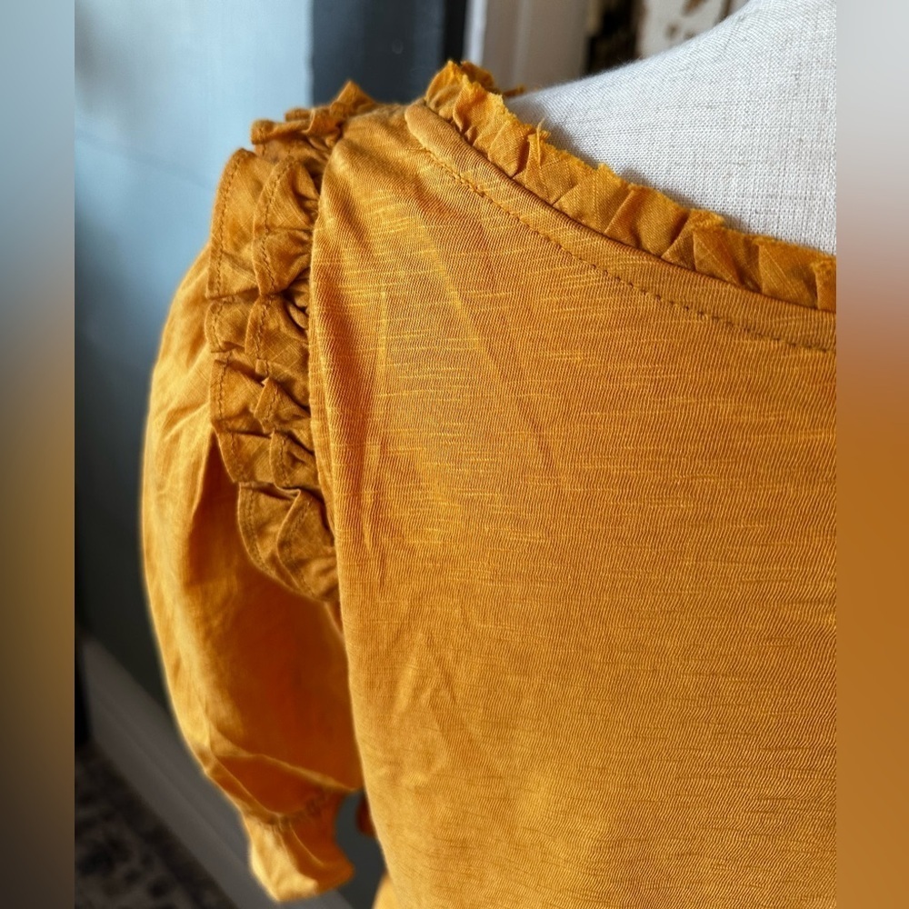 Anthropologie Smocked Puff Sleeve Peasant Knit Ruffle Top XS Goldenrod - Picture 5 of 9